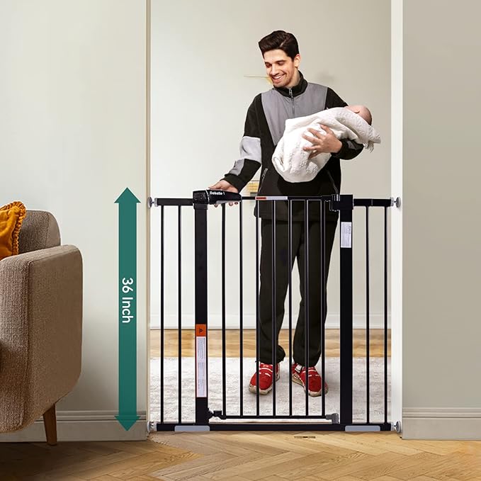 BABELIO 36" Tall Baby Gate, 26-40" Wide Auto Close Pet Gate, PressGuard C5 Pressure Mounted Metal Dog Gate, Easy-Install No Drilling, No Tools Needed, with Wall Protectors and Extension Kits, Black