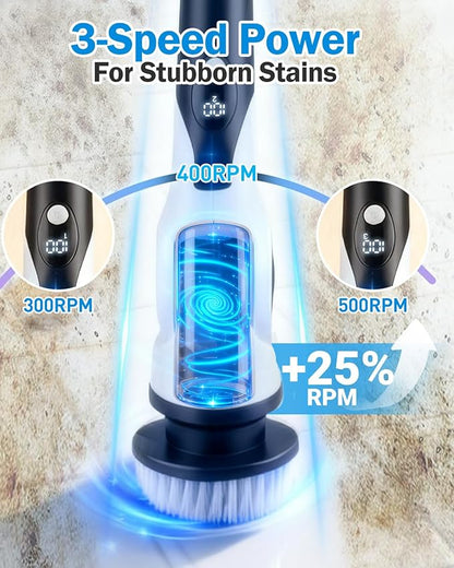 Electric Spin Scrubber, 3-Speed Cordless Shower Scrubber with 90° Adjustable & 10 Replaceable Brush Heads, 90 Mins Runtime & Full-Body IPX7 Waterproof Shower Cleaner Brush with Long Handle
