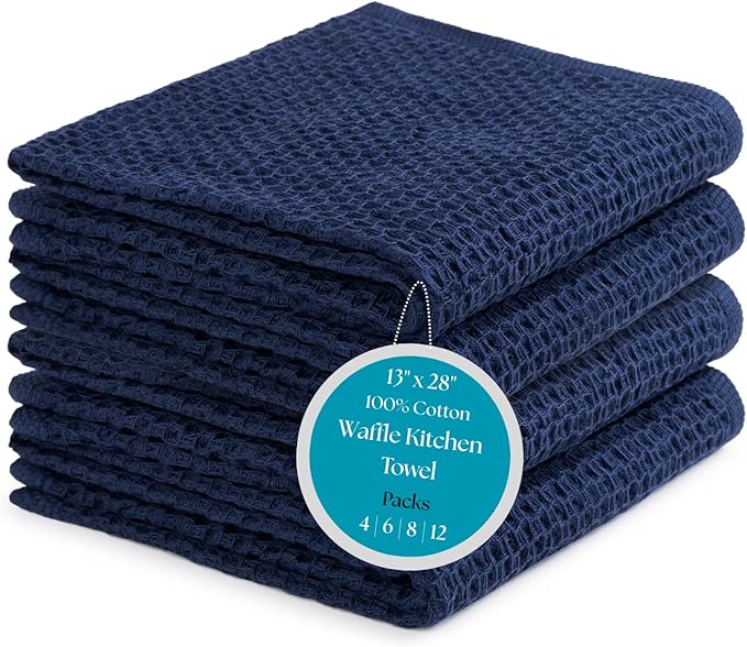 Cotton Waffle Weave Kitchen Towels - Pack of 4 (13x28 Inches) | Ultra Soft, Absorbent Dish Towels | Quick Dry Towel, Dish Cloths, Hand Towels & Dish Rags - Blue (Kitchen Essentials)