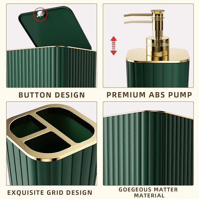 Bathroom Accessory Set - 25PC Green Bathroom Sets, Bathroom Set with Shower Curtain and Rugs, Dark Green Shower Curtain Set, Trash Can, Qtip Holder Dispenser & Soap Dispenser