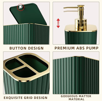 Bathroom Accessory Set - 25PC Green Bathroom Sets, Bathroom Set with Shower Curtain and Rugs, Dark Green Shower Curtain Set, Trash Can, Qtip Holder Dispenser & Soap Dispenser