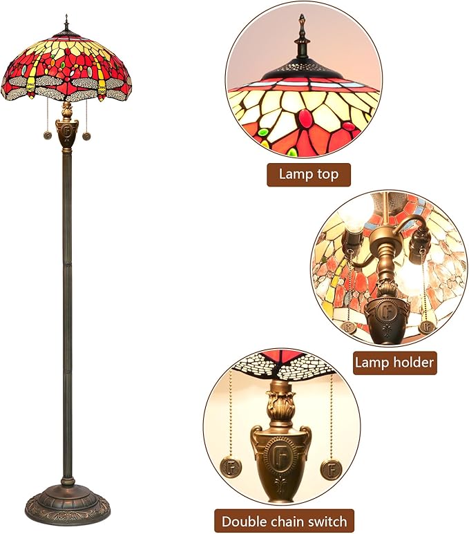 Tiffany Floor Lamp Dragonfly Red Stained Glass Floor Light Bright Lighting Rustic Standing Lamp Vintage Unique Bronze Reading Corner Lamp for Home Decor Living Room Bedroom 16X16X64 Inches