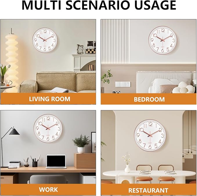 Silent Wall Clocks Battery Operated 8 Inch, Analog Wall Clock with Oversized Number Tempered Glass Clock Face, Rose Gold Quartz Non Ticking Wall Clocks for Living Room Bedroom Kitchen Office