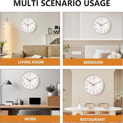 Silent Wall Clocks Battery Operated 8 Inch, Analog Wall Clock with Oversized Number Tempered Glass Clock Face, Rose Gold Quartz Non Ticking Wall Clocks for Living Room Bedroom Kitchen Office