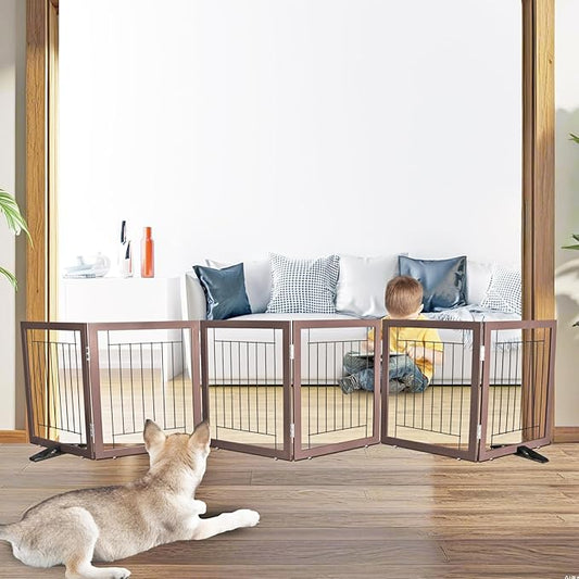 ZJSF Freestanding Dog Gate Indoor, Foldable Dog Fence for Doorways,Hallways or Stairs, Sturdy Wood Extra Wide Pet Gate with Support Feet,Brown,24 "Height-6 Panels
