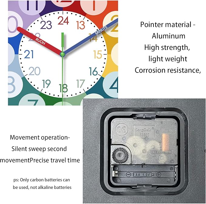XFM Colorful Kid Wall Clock 16 Inch Silent Non Ticking Quartz Battery Operated Decorative Time Teaching Clock for Living Room Bedroom Classroom
