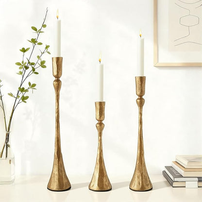 Vintage Gold Taper Candle Holders Set of 3 Cast Iron Antique Brass Decorative Candlestick Holder for Wedding Dining Table Party Rustic Home Decor