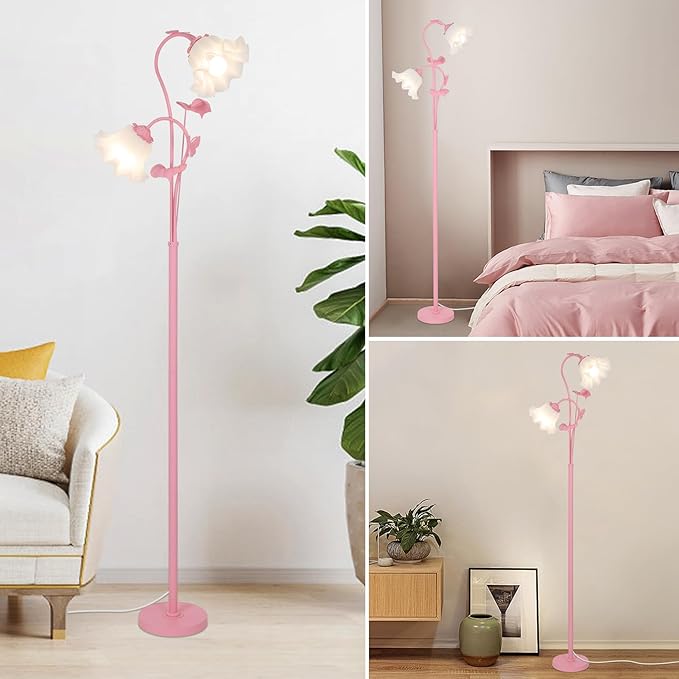 HMVPL Pink Flower Floor Lamp, Floral Standing Lamp with 2 LED 5W Blubs, Foot Switch, Modern Corner Tall Lamp with Acrylic Shade, Girls Cute Floor Lamp for Living Room Bedroom Office Kids Reading