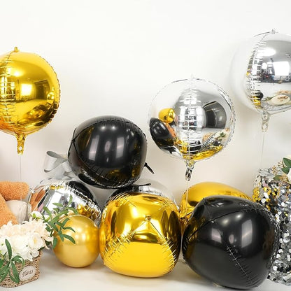 Black Gold Silver Round Foil Balloons 9 pcs,Metallic Giant 4D Round Balloons 22 Inch for Birthday Wedding Baby Shower Graduation Party Decoration
