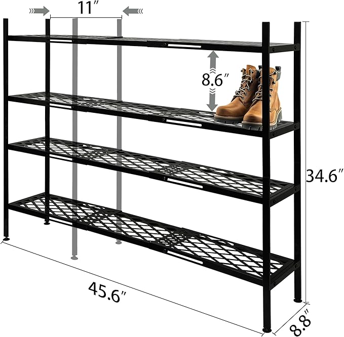 Shoe Rack, 4-Tier Long Shoe Rack, Stackable Shoe Storage Organizer Expandable Shoe Shelf Stand, Holds up to 25-30 Pairs of Shoes for Entryway, Garage, Front Door Entrance, Metal,45.6in Black