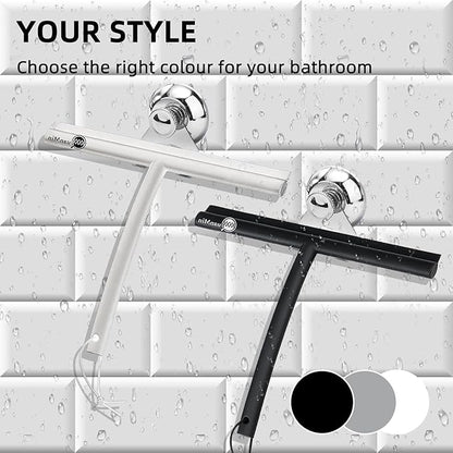 Shower Squeegee with Hook & Sucker - Stainless Steel Core | Silicone Rubber Glass Wiper for Shower Doors, Windows, Mirrors & Car Glass - Black