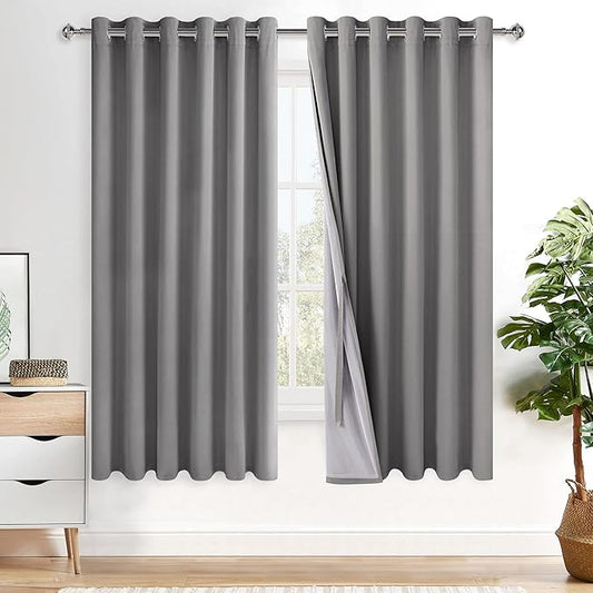 XWZO 100% Blackout Curtain Panels - Thermal Insulated Black Liner Curtains, Noise Reducing and Heat Blocking Drapes for Hall and Extra Wide Windows with Tiebacks, Grey, W70 x L63, Set of 2