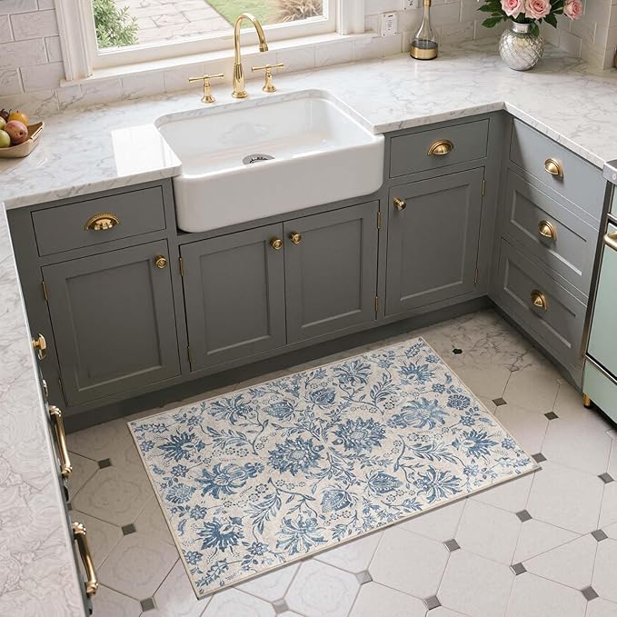 jinchan 2x3 Washable Rugs for Entryway, Vintage-Inspired Floral Design Non-Slip Low-Pile Doormat, Ultra-Thin Indoor Traditional Accent Carpet for Entrance Kitchen Bathroom Bedroom, Dark Blue