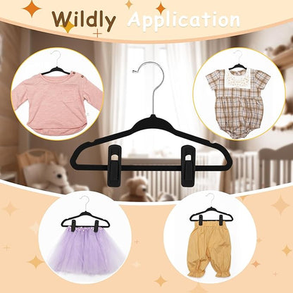 Soaoo 50 Pcs Baby Velvet Non-Slip Hangers with Clips,100 Clips for Pants & Skirts, Space-Saving Kids Children Clothes Hangers for Nursery Closet Organization(Black)