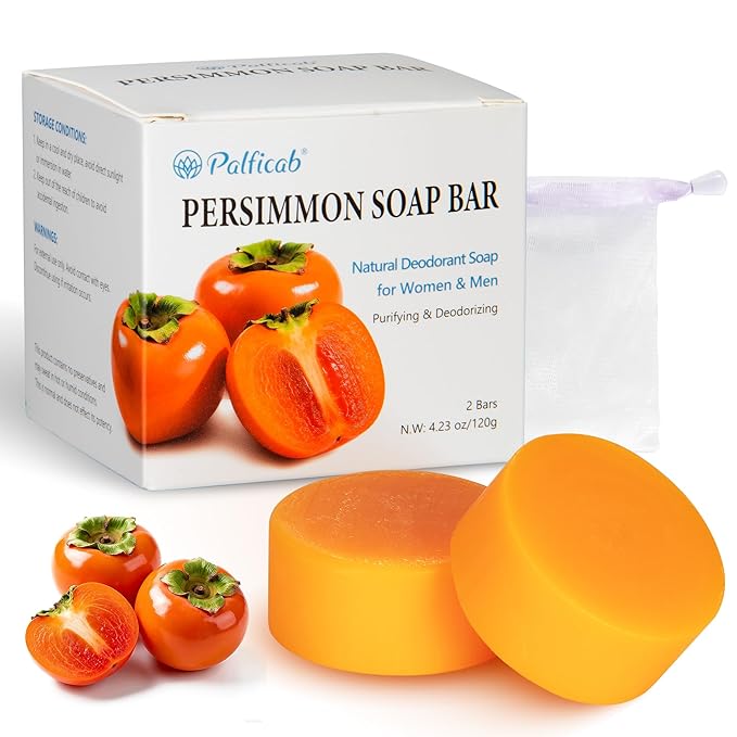 120G Round Persimmon Soap for Body Odor & Old People Smell Eliminator, Natural Purifying Deodorizing Soap for Women & Men, 2 Bars