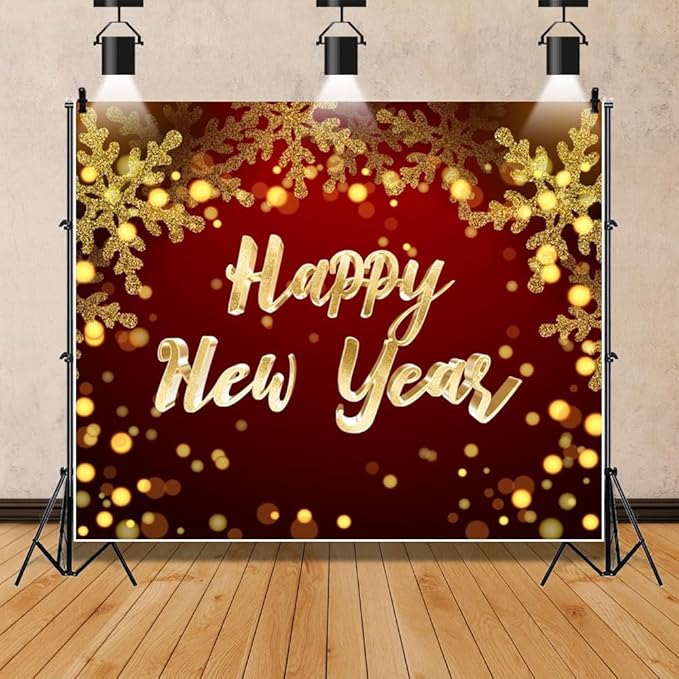 Leowefowa 15x10ft Happy New Year Round Backdrop Cover Red 2026 New Years Background Red and Gold Sequins Glitter Dot New Year Eve Celebration Festival Party Banner Decor Photo Studio Props