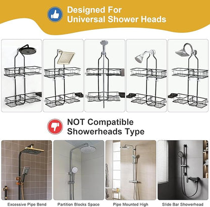 Shower Caddy Hanging Organizer, Rustproof Over Shower Head Caddy Holder with Hooks for Razor/Sponge, No Drilling Bathroom Racks Bath Storage Shelves for Shampoo Soap Towels, Black