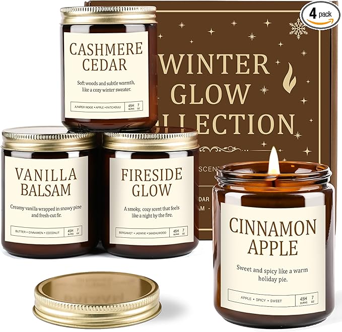 Christmas Candles Gift Set for Women - 4 Pack Scented Soy Candles with Cashmere Cedar, Fireside Glow, Cinnamon Apple & Vanilla Balsam, Long Lasting Holiday Winter Gifts for Home
