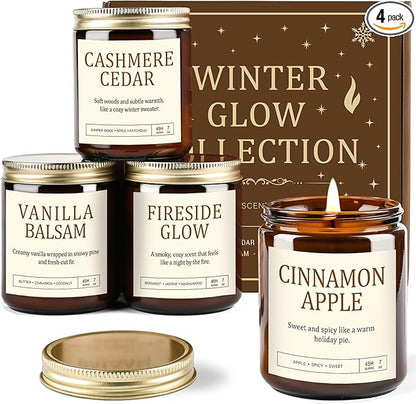 Christmas Candles Gift Set for Women - 4 Pack Scented Soy Candles with Cashmere Cedar, Fireside Glow, Cinnamon Apple & Vanilla Balsam, Long Lasting Holiday Winter Gifts for Home