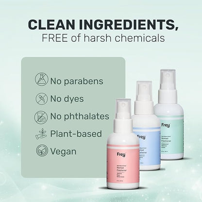 Frey Fabric Freshener Spray – Pack of 3 | Linen Spray Deodorizer for Laundry | Cedarwood, Sandalwood, Jasmine Rose | 2oz Bottles
