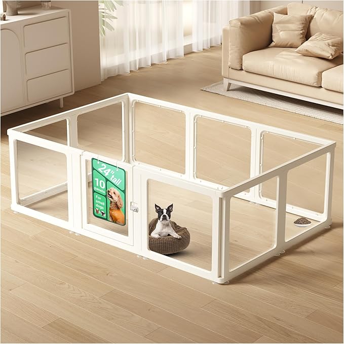 Transparent 10-Panel Dog Playpen, Acrylic Indoor/Outdoor Puppy Pen for Small & Medium Dogs, 24 Inch with Door, White(Fully Transparent 74 * 50 Single Room,24 inch)