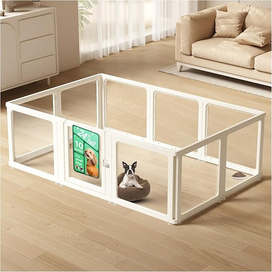 Transparent 10-Panel Dog Playpen, Acrylic Indoor/Outdoor Puppy Pen for Small & Medium Dogs, 24 Inch with Door, White(Fully Transparent 74 * 50 Single Room,24 inch)