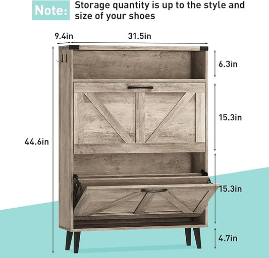 Vabches Shoe Storage Cabinet with 2 Flip Drawers,Freestanding Narrow Shoe Organizer with Open Storage,Hidden Slim Shoe Rack Cabinet for Entryway,Grey (2 Pack)