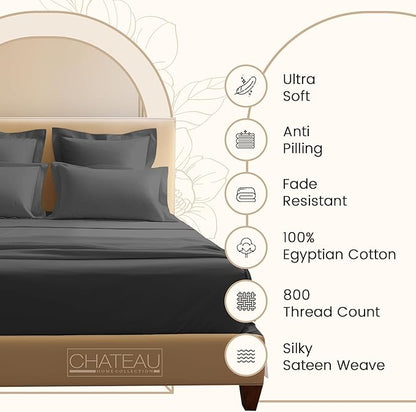800 Thread Count Egyptian Cotton Sheets Full Sheet Set Deep Pocket, 100% Cotton Bed Sheets Full Size Set, No Pill Soft & Comfy Naturally Cool Breathable Elasticated Sheet & Pillowcase Sets - Charcoal
