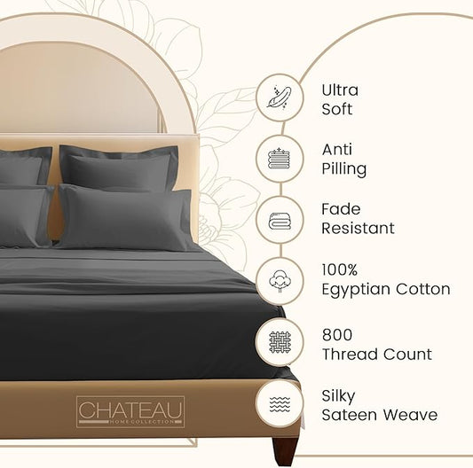 800 Thread Count Egyptian Cotton Sheets Full Sheet Set Deep Pocket, 100% Cotton Bed Sheets Full Size Set, No Pill Soft & Comfy Naturally Cool Breathable Elasticated Sheet & Pillowcase Sets - Charcoal