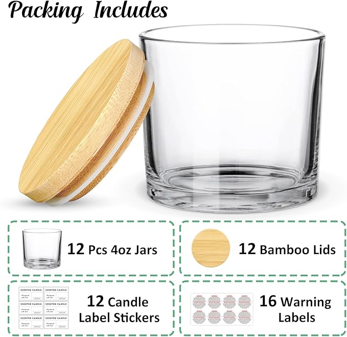 4oz Candle Jars 12 Pack- Small Clear Empty Glass Candle Jars with Bamboo Lids, Stickers and labels, Bulk Candle Vessel for Making Candles Containers, Ideal for Candle Business Owners