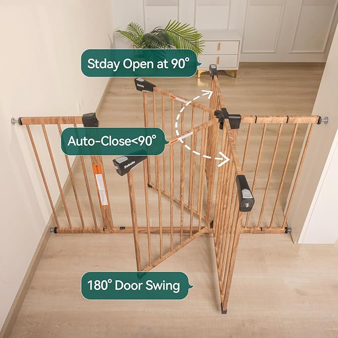 Babelio Metal Auto Close Baby Gate PressGuard P7,Extra Wide Pet Gate for The House and Doorways, Pressure Mounted Walk Thru Child Gate with Door (Brown Wood Pattern, 30" Tall 29"-55" Wide)