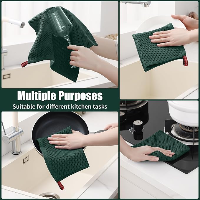 Kitinjoy 100% Cotton Kitchen Towels and Dishcloths Set, 8 Pack Waffle Weave Dish Towels Ultra Soft Absorbent Quick Drying Dish Rags, 13 x 28 Inch and 12 X 12 Inch, Blackish Green