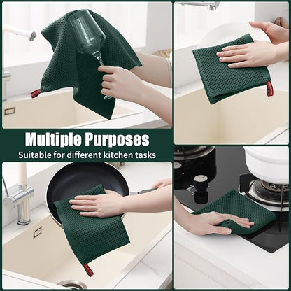 Kitinjoy 100% Cotton Kitchen Towels and Dishcloths Set, 8 Pack Waffle Weave Dish Towels Ultra Soft Absorbent Quick Drying Dish Rags, 13 x 28 Inch and 12 X 12 Inch, Blackish Green