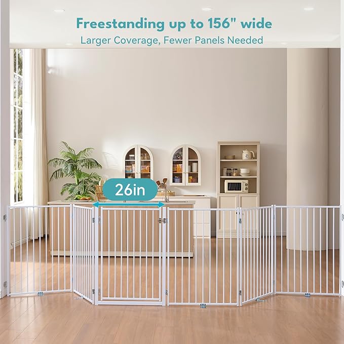 No Pawblems Free Standing Dog Gate with Door, 36'' Tall Foldable Dog Fence for Indoor & Outdoor, Up to 156 Inch Extra Wide Puppy Gate for Stairs, Hallways, Doorways, Deck, Yard (White, 6 Panels)