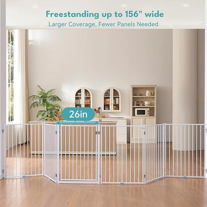 No Pawblems Free Standing Dog Gate with Door, 36'' Tall Foldable Dog Fence for Indoor & Outdoor, Up to 156 Inch Extra Wide Puppy Gate for Stairs, Hallways, Doorways, Deck, Yard (White, 6 Panels)