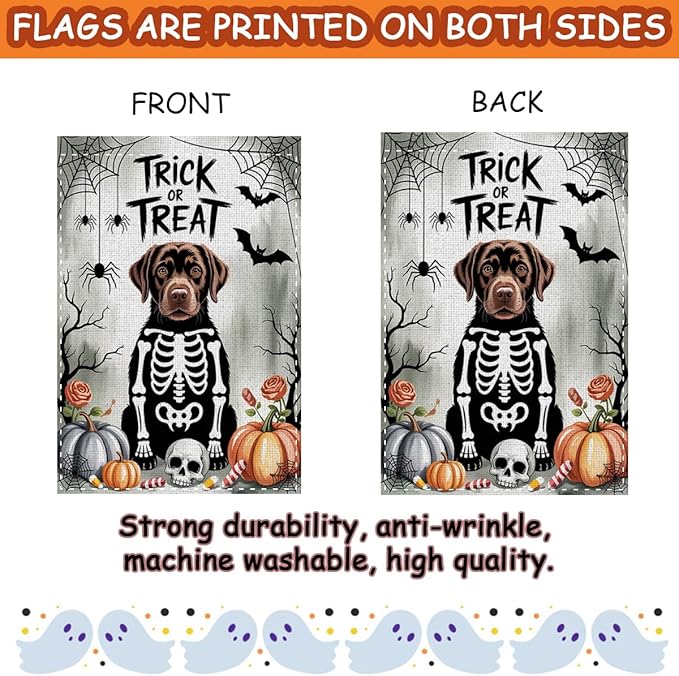 Fokongna Trick or Treat Halloween Garden Flag, Spooky Ghost Dog Halloween Decor, 12x18 Inch Burlap Vertical Double Sided Flags, for Home Yard Outside Decorations