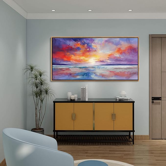 DUNHUANG ART Colorful Ocean Sunset Abstract Beach Wall Art - Orange Red Warm Sunrise Artwork for Living Room and Bathroom Decor - Large Beach Posters Picture over the Bed 30"x60"