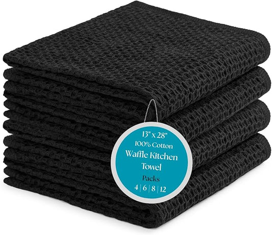 Cotton Waffle Weave Kitchen Towels - Pack of 4 (13x28 Inches) | Ultra Soft, Absorbent Dish Towels | Quick Dry Towel, Dish Cloths, Hand Towels & Dish Rags - Black (Kitchen Essentials)