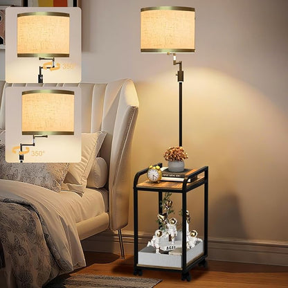 Lightdot 63IN Floor Lamps with Storage Table&Basket, Modern Standing Tall Lamps with Adjustable Fabric Lampshade and Movable&Fixed Casters, Coner End Table Lamp for Living Room/Bedroom/Office-Black