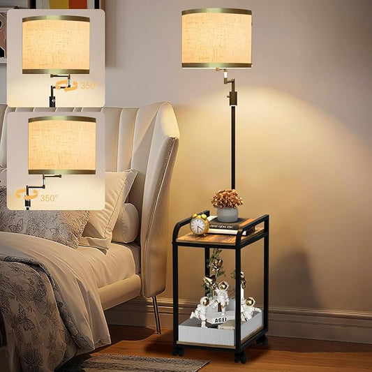 Lightdot 63IN Floor Lamps with Storage Table&Basket, Modern Standing Tall Lamps with Adjustable Fabric Lampshade and Movable&Fixed Casters, Coner End Table Lamp for Living Room/Bedroom/Office-Black
