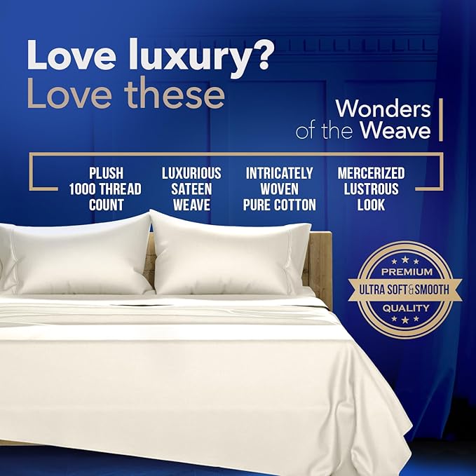 TEXAS LINEN CO. Luxury Egyptian Cotton Split King Sheet Set - 1000 Thread Count 5 PC Cotton Sheets for Adjustable Bed, Soft, Cooling Extra Long Staple Sateen Sheets - Fits upto 18” Deep Pocket - Ivory