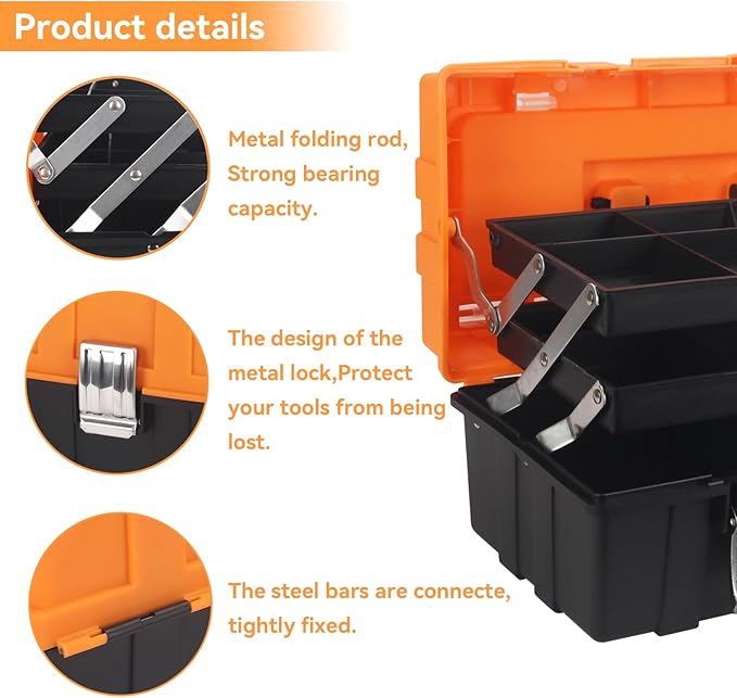 16.5-Inch Tool Box Organizer 3-Layer Multiplication Plastic Storage Toolbox with Portable Handle Perfect for Home Office Car Trunk Fishing