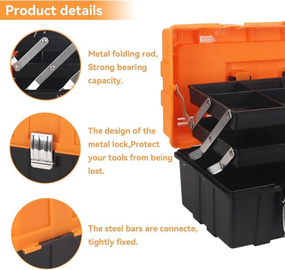 16.5-Inch Tool Box Organizer 3-Layer Multiplication Plastic Storage Toolbox with Portable Handle Perfect for Home Office Car Trunk Fishing