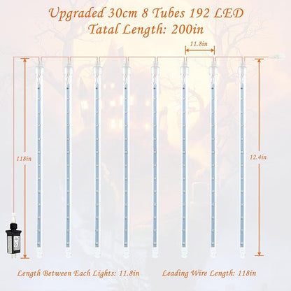 Halloween Lights Outdoor, 2 Pack Extendable Meteor Shower Lights Outdoor Waterproof with Timer, Total 384 LED 30cm 16 Tubes Cascading String Light Plug in for Halloween Yard Party (Orange and Purple)