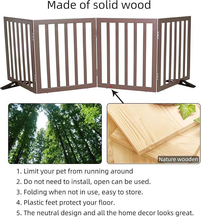Dog Gate Indoor, Freestanding Dog Fence for The House, Doorways, Hallways,or Stairs,Pet Gate Foldable Wooden,Expandable 32" Height 4 Panels,Brown