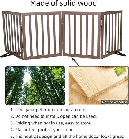 Dog Gate Indoor, Freestanding Dog Fence for The House, Doorways, Hallways,or Stairs,Pet Gate Foldable Wooden,Expandable 32" Height 4 Panels,Brown