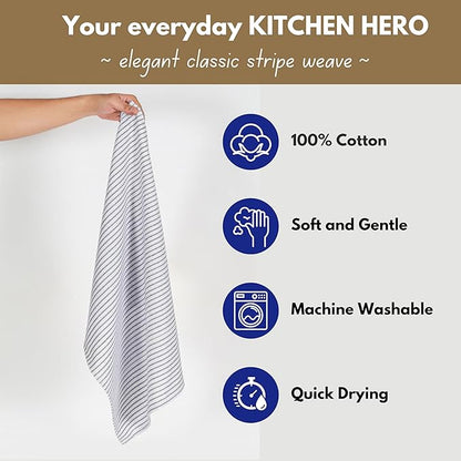 Native Fab 4 Pack Farmhouse Stripe Kitchen Dish Towels Cotton Super Absorbent Quick Drying Reusable 18x26 Inches - Bar Hand Towels, Kitchen Cleaning Towels with Hanging Loop, Milenna Blue