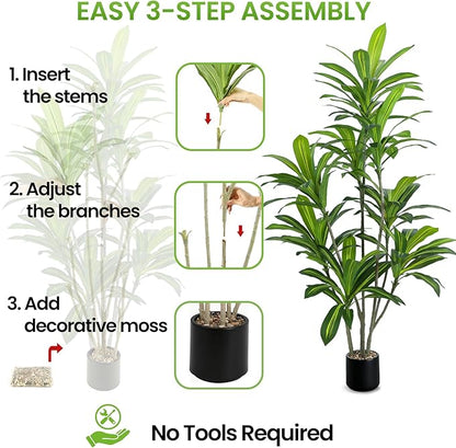 6FT Artificial Dracaena Tree, Faux Dracaena Plant with Stones in Black Round Planter, Tall Fake Floor Plant for Indoor Home Office Living Room Decor