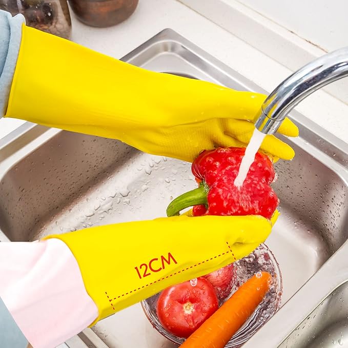 Vgo... 1-Pair Reusable Household Gloves, Rubber Dishwashing gloves, Extra Thickness, Long Sleeves, Kitchen Cleaning, Working, Painting, Gardening, Pet Care (Size L, Yellow, HH4601)