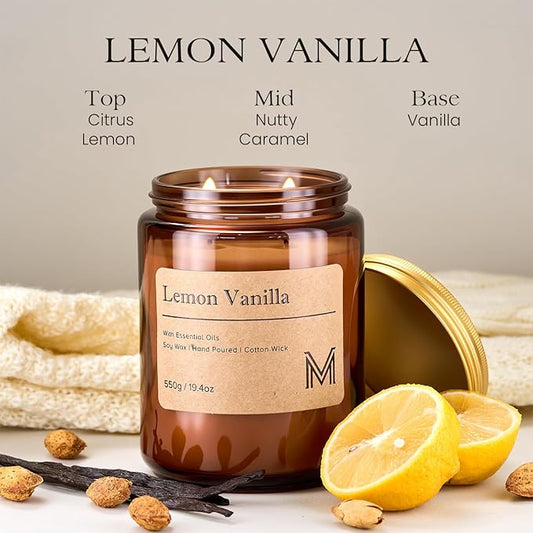 M&SENSE Lemon Vanilla Scented Christmas Candle Gift | 19.4oz, 115-Hour Burn | Natural Organic Soy Wax | Long-Lasting for Stress Relief and Gifting | for Christmas, Thanksgiving, Holiday